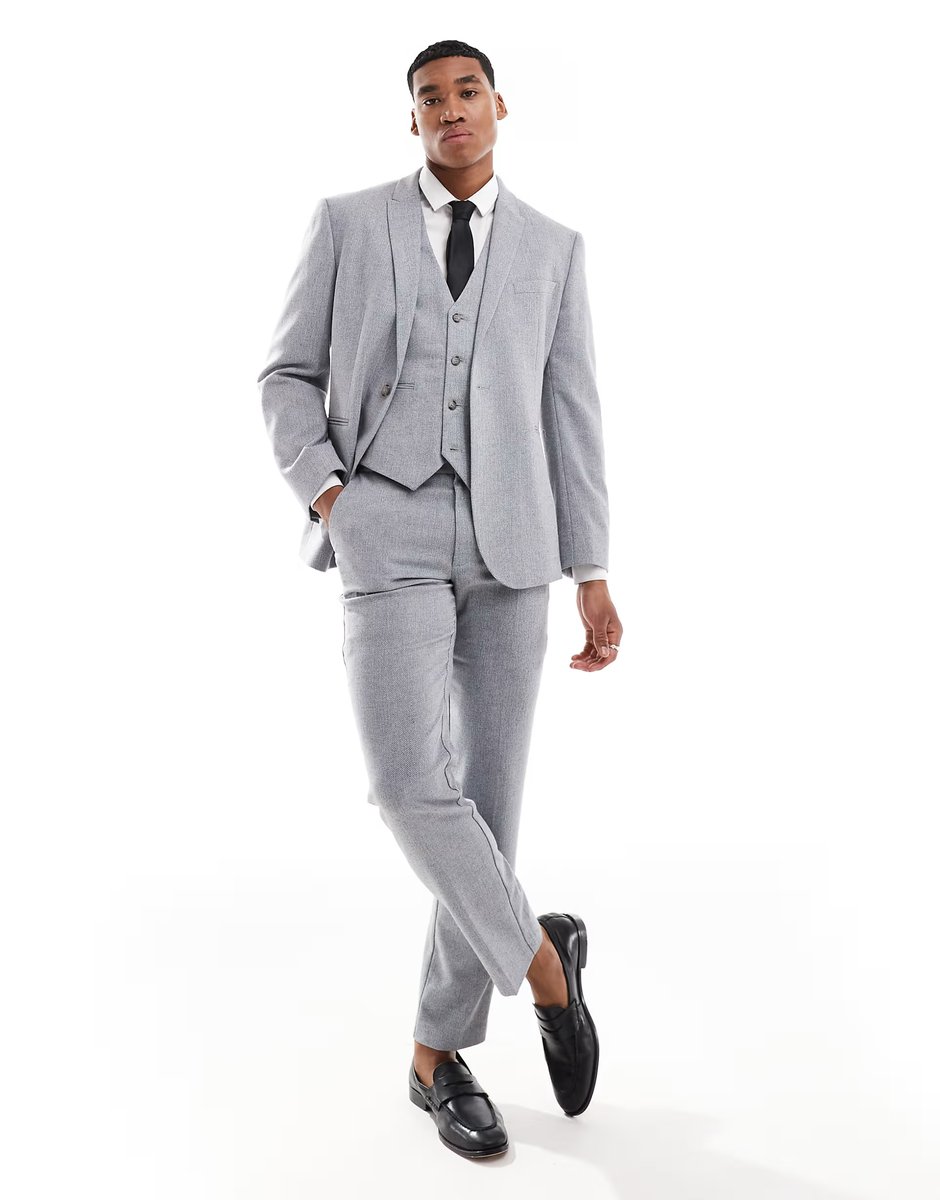 ASOS ASOS DESIGN slim fit wool mix suit jacket in grey basketweave - 3