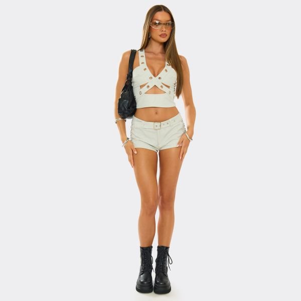 EGO Low Rise Belted Detail Hot Pants In Grey, Women's Size UK 6 - 1