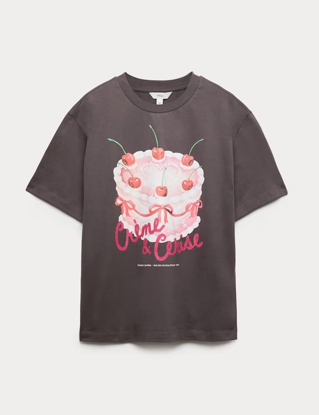 Marks & Spencer M&S Pure Cotton Floral Oversized Graphic T-Shirt Grey Mix - 2