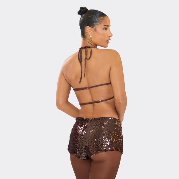EGO Low Rise Hot Pants In Chocolate Brown Sequin, Women's Size UK 6 - 2
