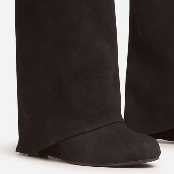 EGO I-Am-The-One Padlock Detail Wedge Heel Knee High Long Boot In Black Faux Suede, Women's Size UK 3 - 2