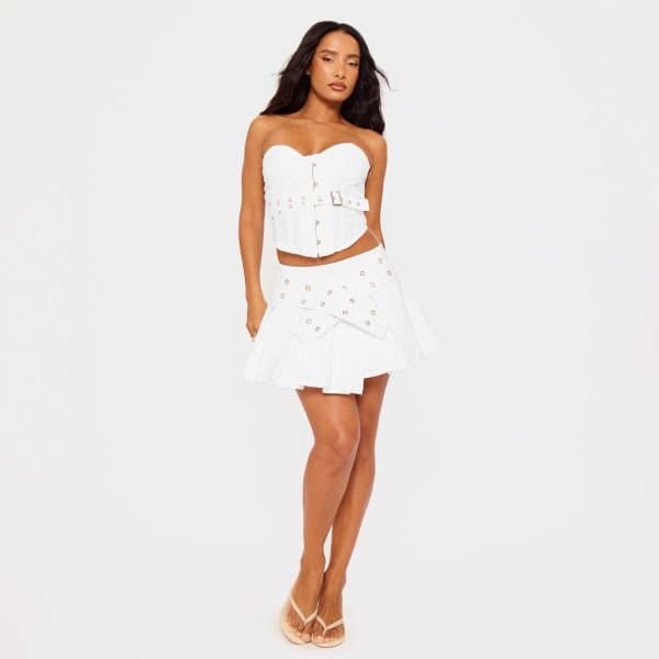 EGO Mid Rise Eyelet Belted Detail Pleated Mini Skirt In White, Women's Size UK 6