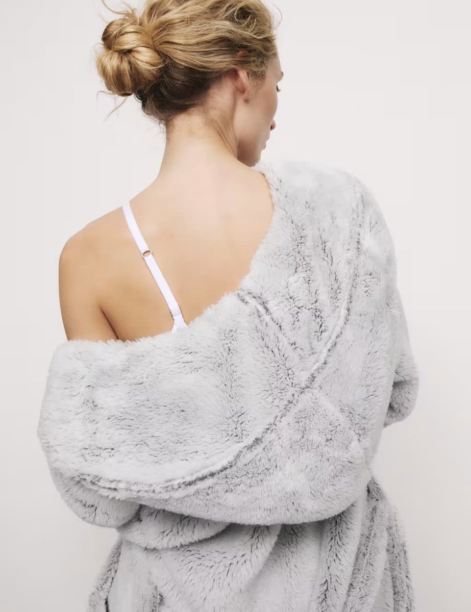 Marks & Spencer M&S Fleece Hooded Dressing Gown in Grey