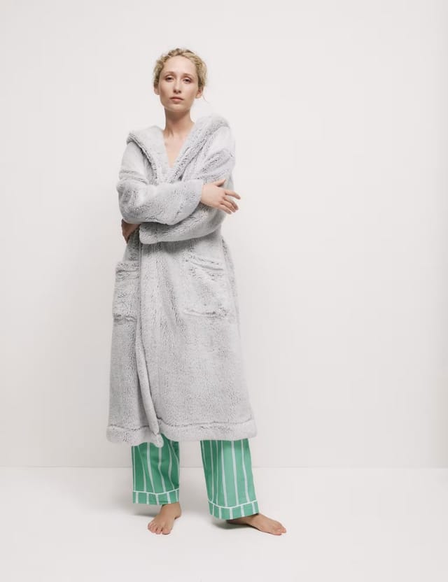 Marks & Spencer M&S Fleece Hooded Dressing Gown Grey - 2