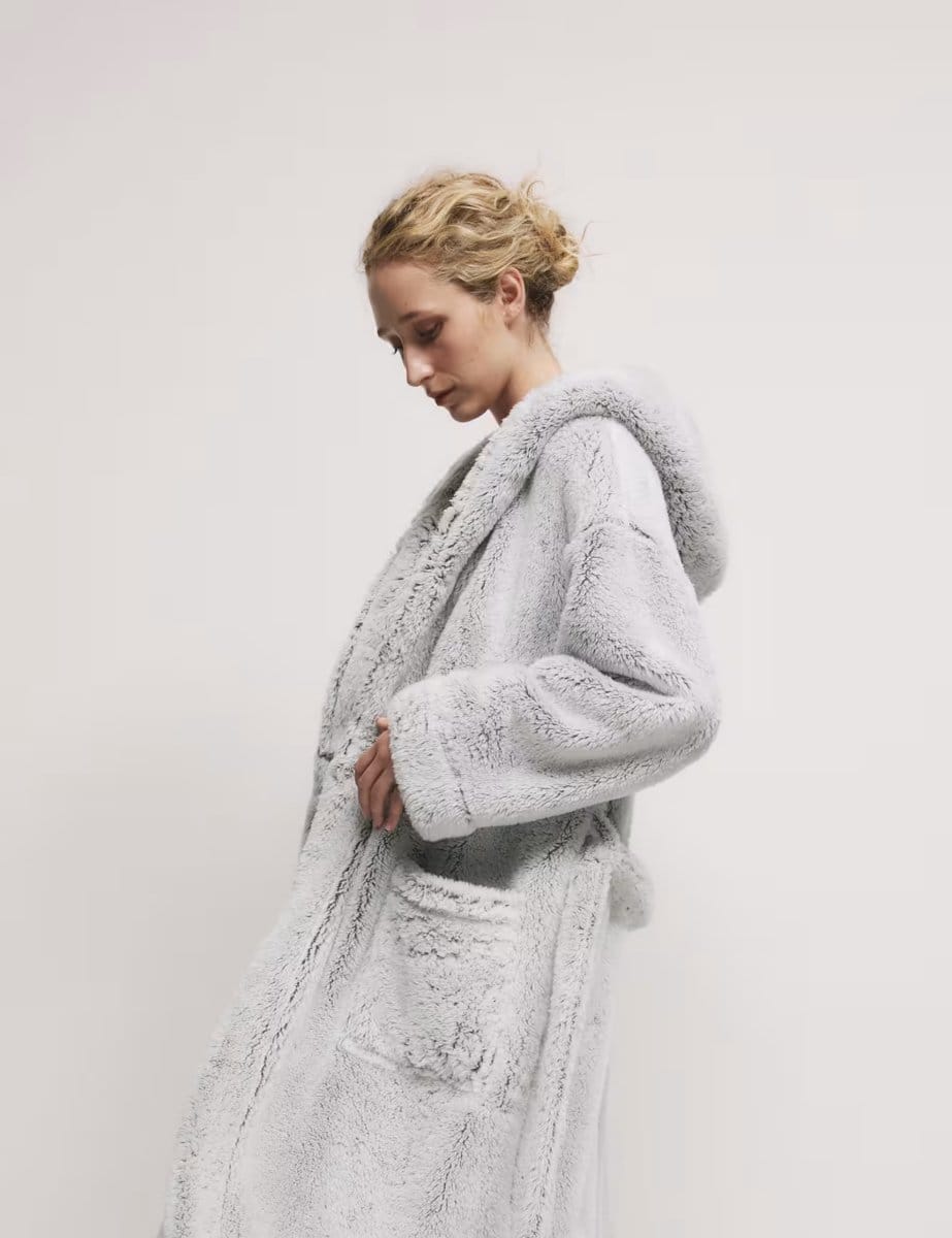 Marks & Spencer M&S Fleece Hooded Dressing Gown Grey - 4