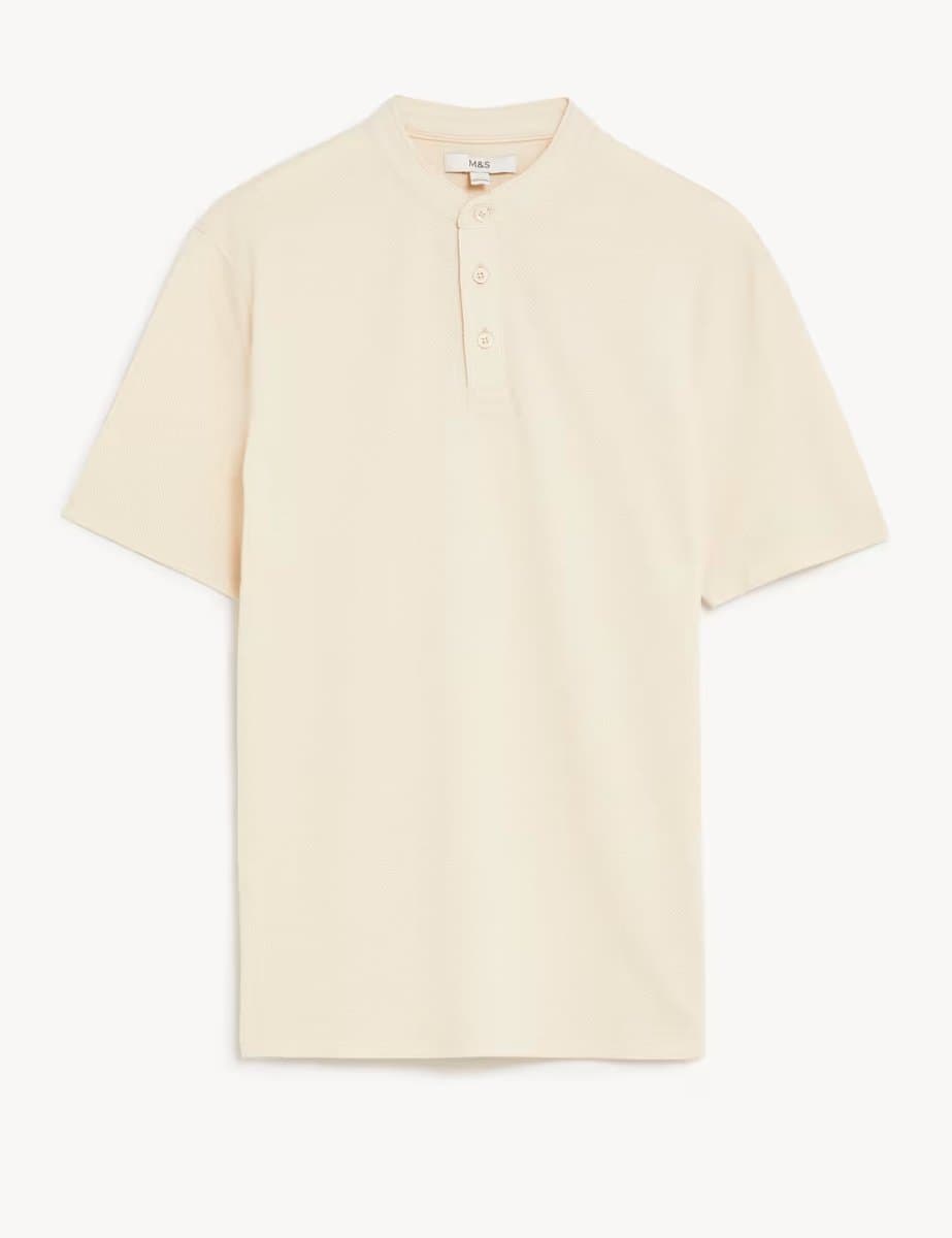 Marks & Spencer M&S Cotton Rich Grandad Collar Polo Shirt Ecru