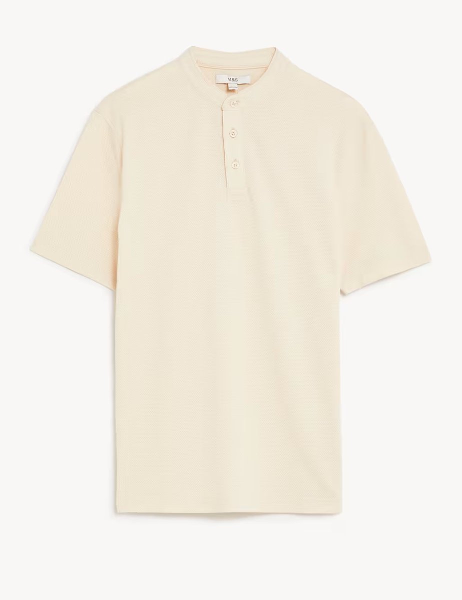 Marks & Spencer M&S Cotton Rich Grandad Collar Polo Shirt Ecru - 2