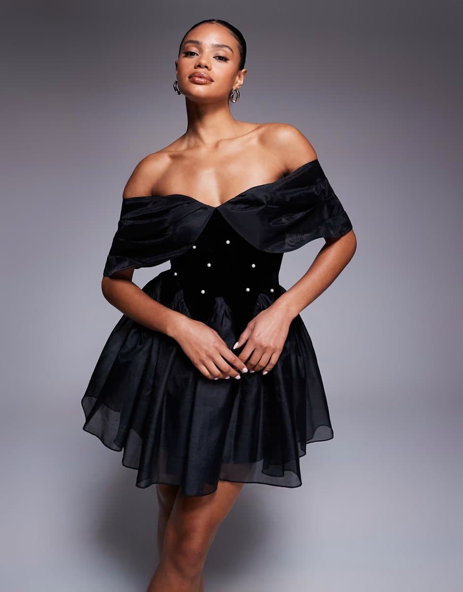 ASOS ASOS LUXE off shoulder pearl embellished velvet mini dress with organza in black
