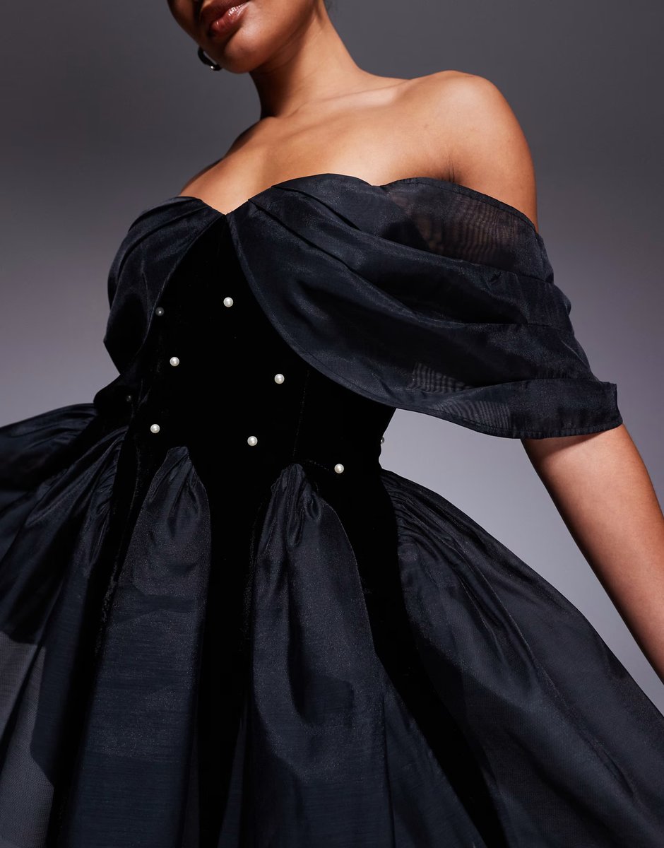 ASOS ASOS LUXE off shoulder pearl embellished velvet mini dress with organza in black - 4