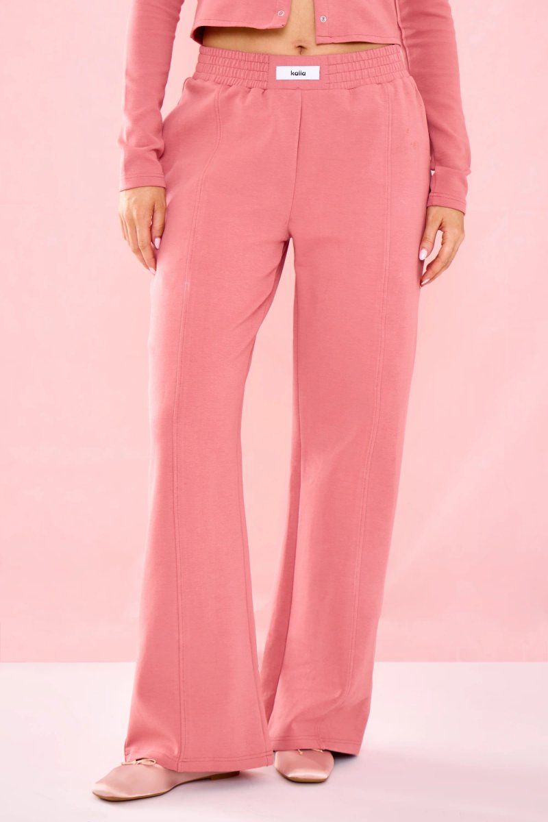 Kaiia Kaiia Label Logo Premium Interlock Seam Detail Wide Leg Joggers Ribbon Pink - 2