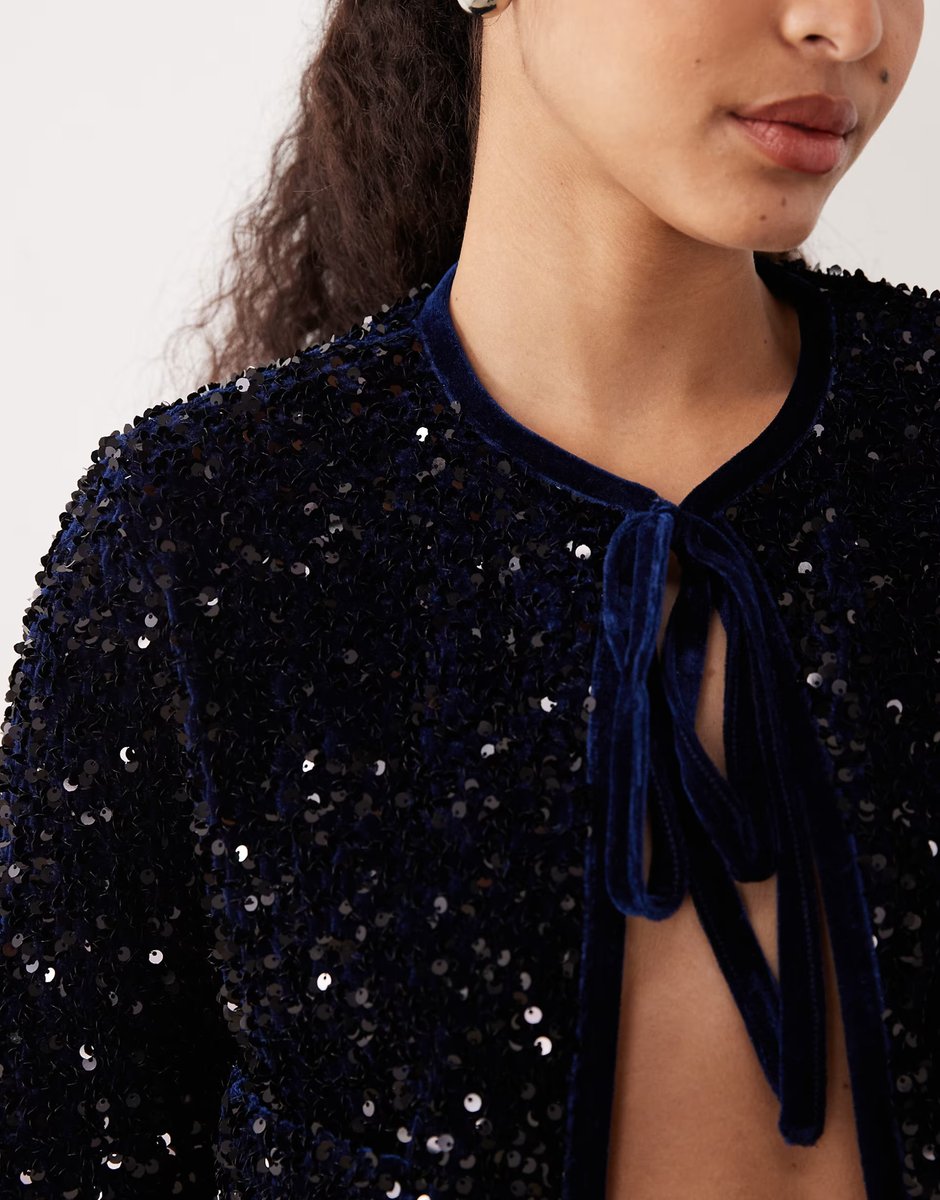ASOS Mango sequin tie front jacket co-ord in navy - 2