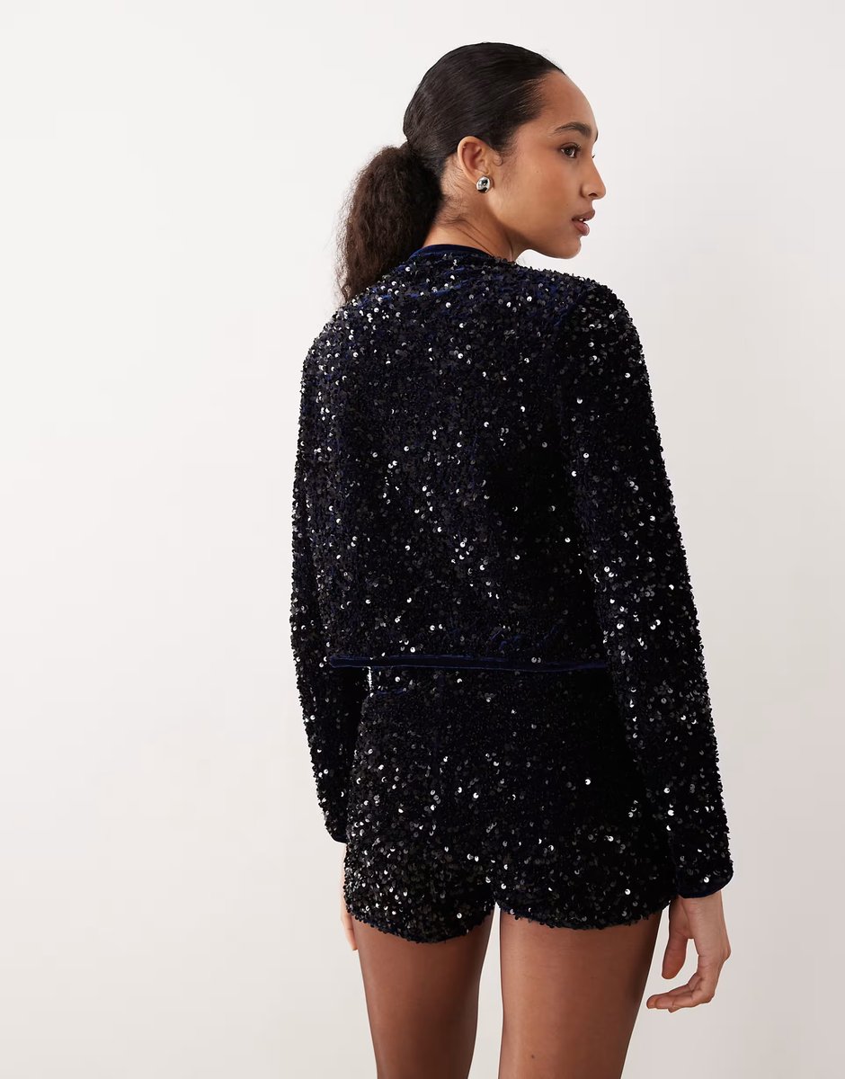 ASOS Mango sequin tie front jacket co-ord in navy - 4