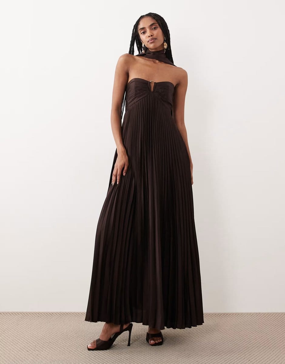 ASOS Abercrombie & Fitch strapless scarf babydoll maxi dress in brown - 1