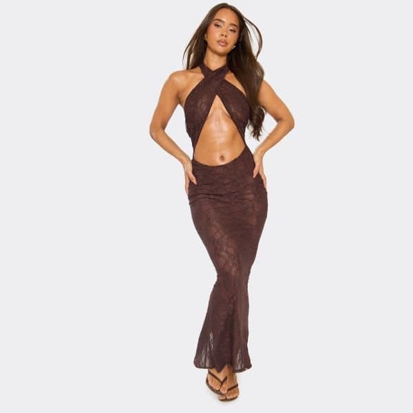EGO Halterneck Cross Over Cut Out Front Detail Maxi Dress In Chocolate Brown Lace, Women's Size UK 6