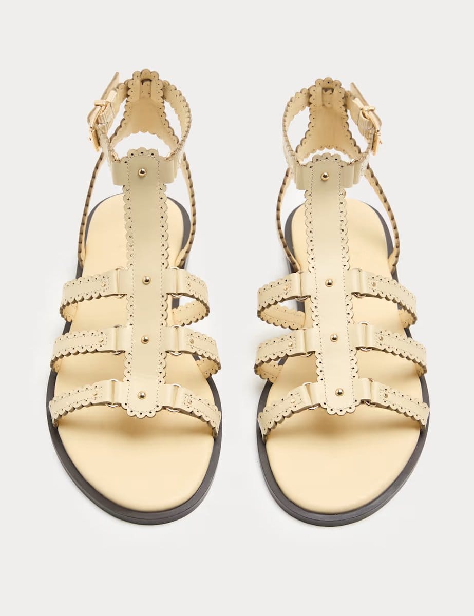 Marks & Spencer M&S Leather Scallop Edge Flat Gladiator Sandals Buttermilk - 1