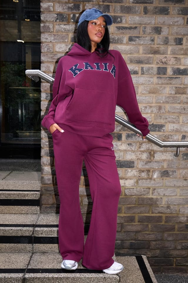 Kaiia Kaiia Slogan Wide Leg Joggers Burgundy & Navy - 3