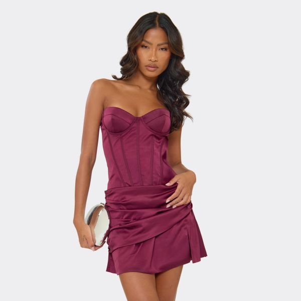 EGO Bandeau Underwired Boning Detail Ruched Split Leg Mini Dress In Plum Satin, Women's Size UK 6 - 1
