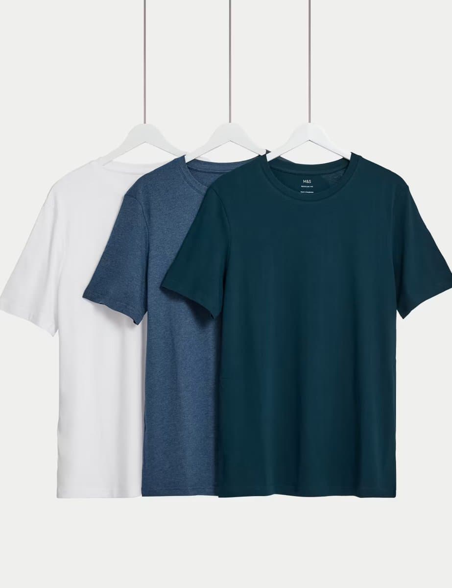 Marks & Spencer M&S 3 Pack Pure Cotton Crew Neck T-Shirts Denim Mix
