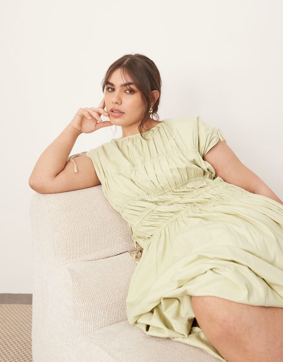 ASOS ARRANGE Curve clean cotton drawstring detail trapeze midi dress with pockets in washed sage - 3