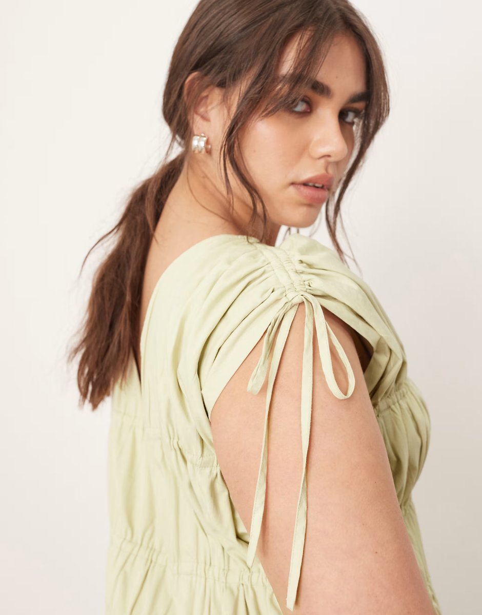 ASOS ARRANGE Curve clean cotton drawstring detail trapeze midi dress with pockets in washed sage - 4