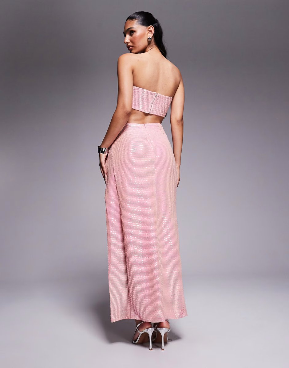 ASOS Missyempire sequin twist front high slit maxi skirt co-ord in pink - 4