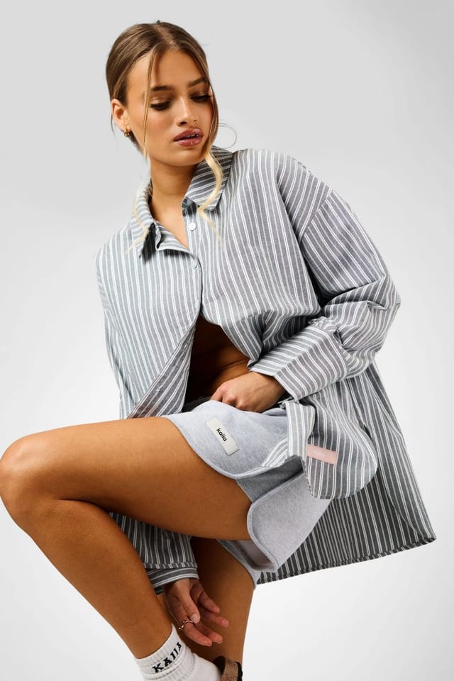 Kaiia Kaiia Label Logo Oversized Shirt Grey Stripe - 2