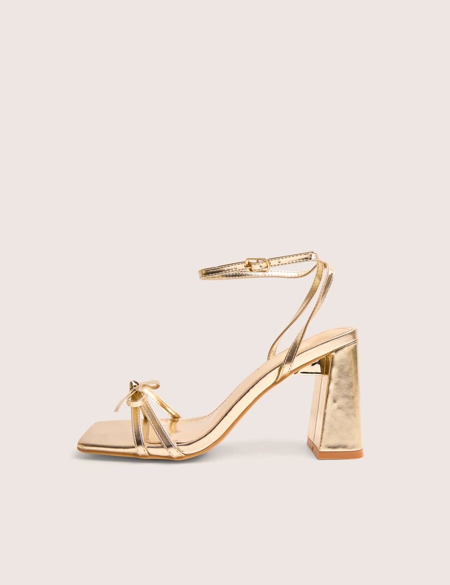 Public Desire Camille Gold Square Toe Strappy Block Heels