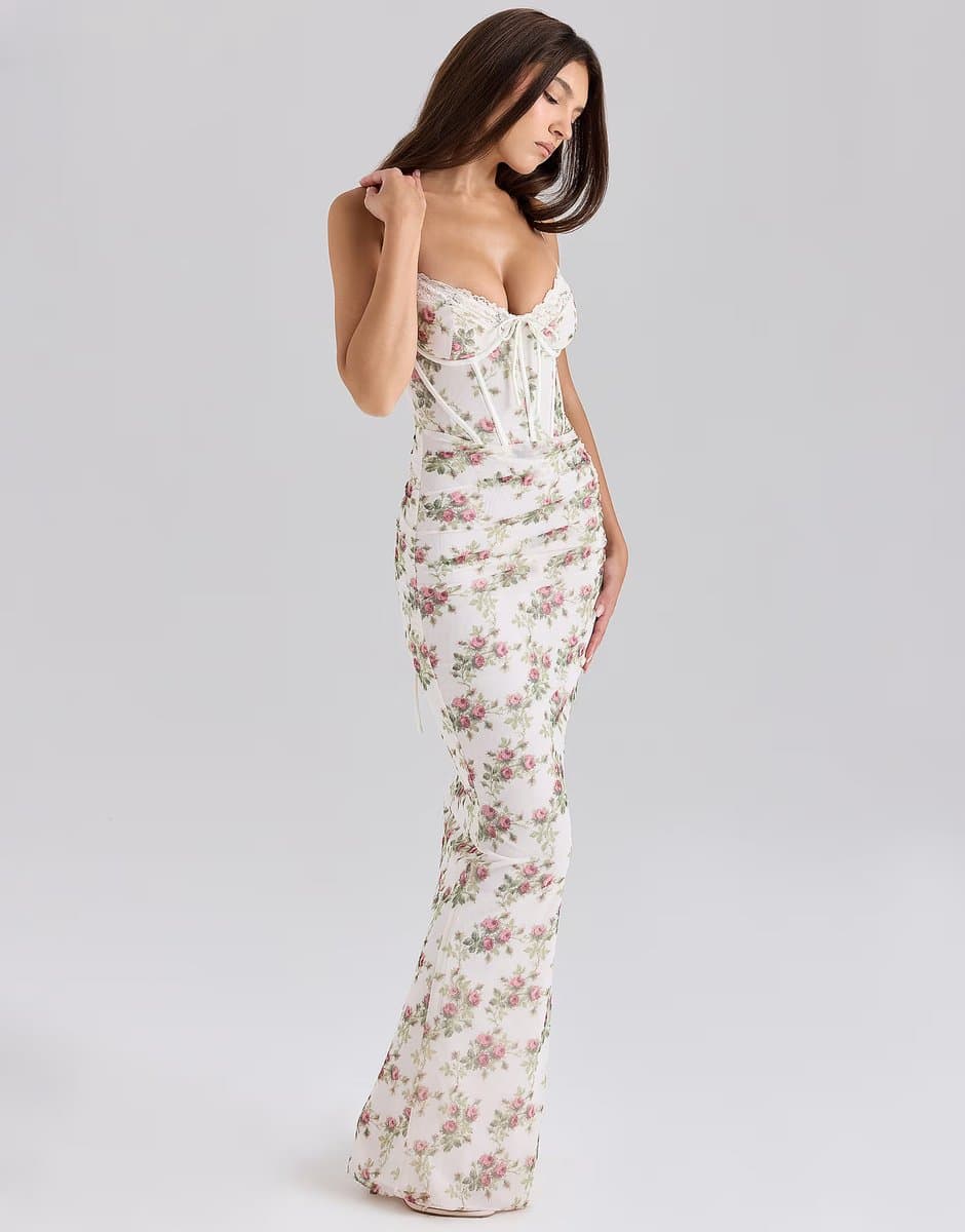 ASOS House of CB Calista print mesh maxi dress in cream rose