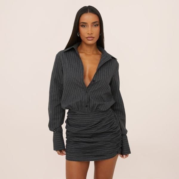 EGO Long Sleeve Ruched Mini Shirt Dress In Grey Pinstripe, Women's Size UK 6 - 1