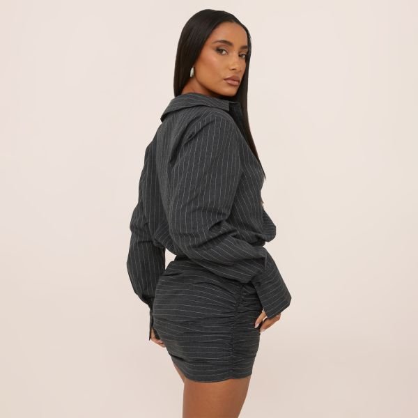 EGO Long Sleeve Ruched Mini Shirt Dress In Grey Pinstripe, Women's Size UK 6 - 2