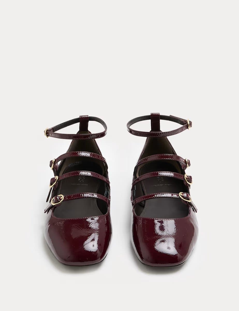 Marks & Spencer M&S Leather Patent Ankle Strap Mary Jane Ballet Pump Burgundy
