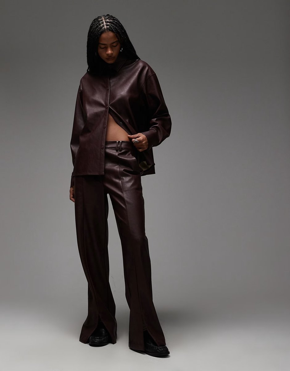 ASOS ASOS DESIGN oversized faux leather shirt with split hem trousers co-ord in plum - 3