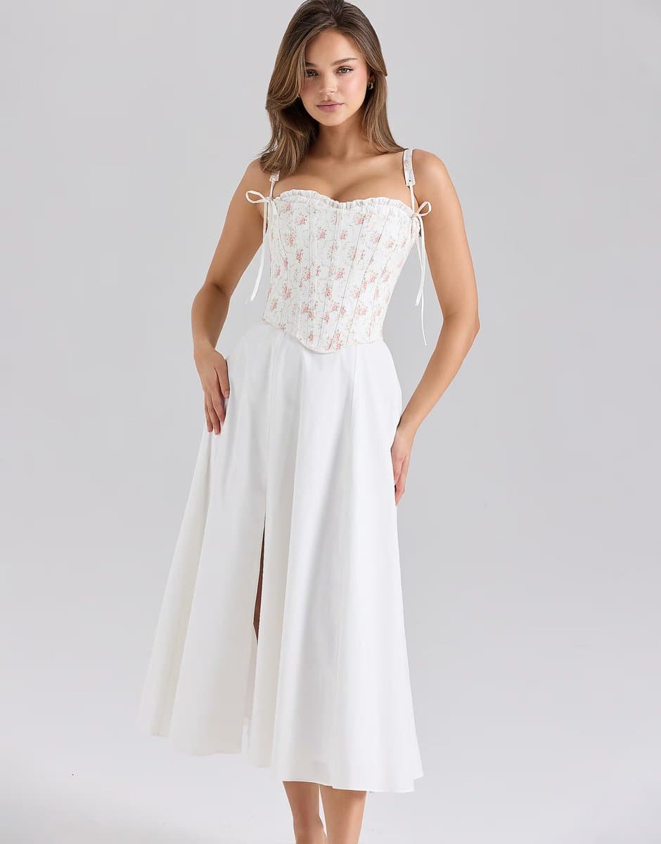 ASOS House of CB Clarabelle rose print cotton detachable corset midi sundress in rose print