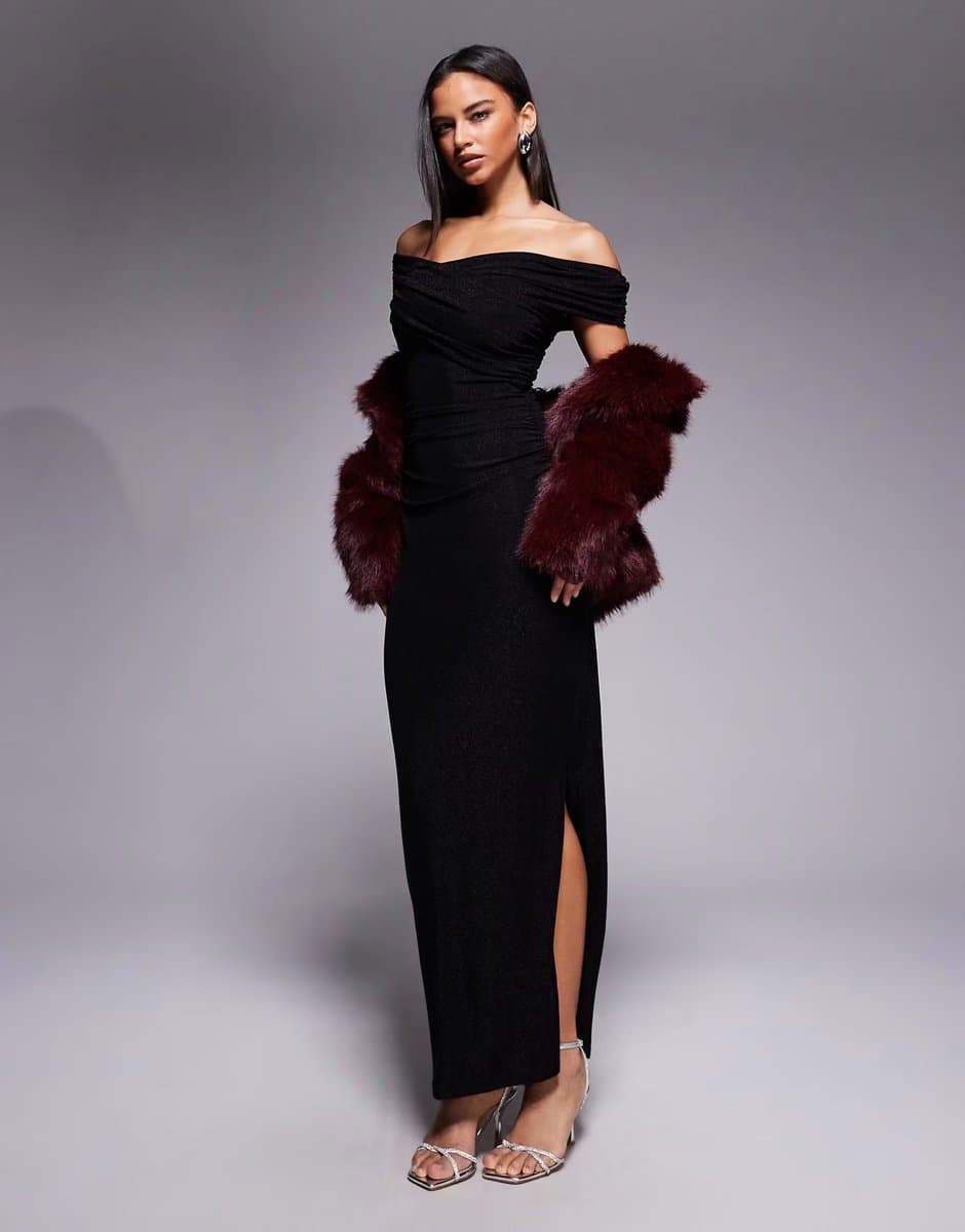 ASOS Forever New mesh cross over off the shoulder maxi dress in black