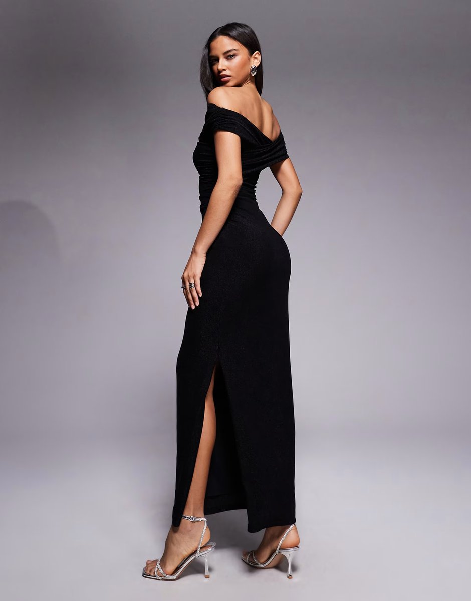 ASOS Forever New mesh cross over off the shoulder maxi dress in black - 4