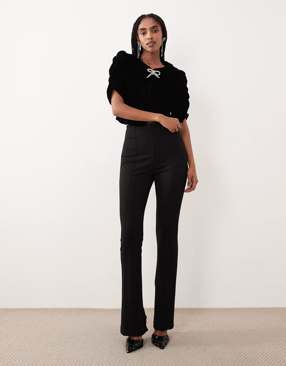 ASOS Gina Tricot short sleeve velvet velour blouse with silver dimonte bows in black - 2