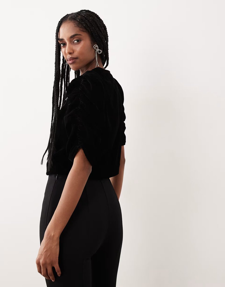 ASOS Gina Tricot short sleeve velvet velour blouse with silver dimonte bows in black - 3