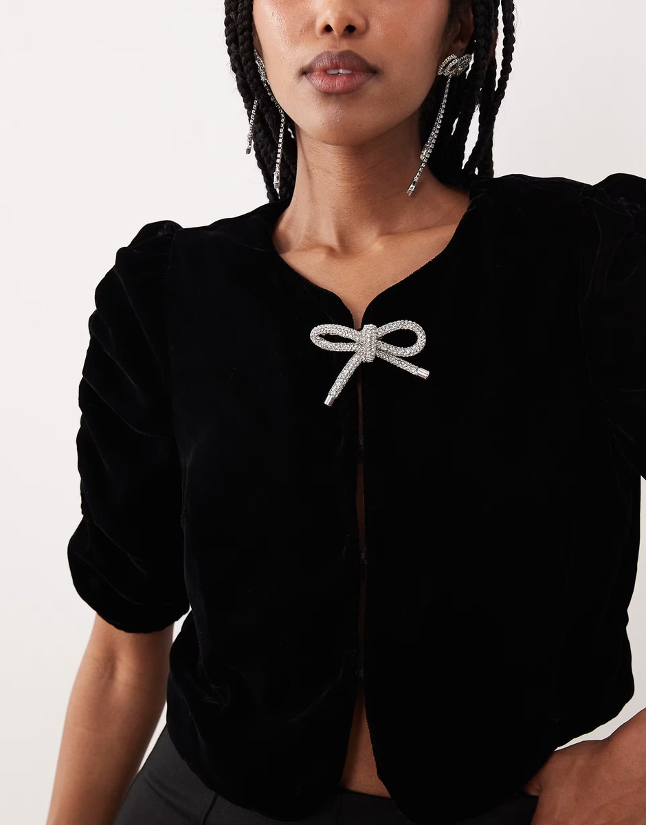 ASOS Gina Tricot short sleeve velvet velour blouse with silver dimonte bows in black - 4