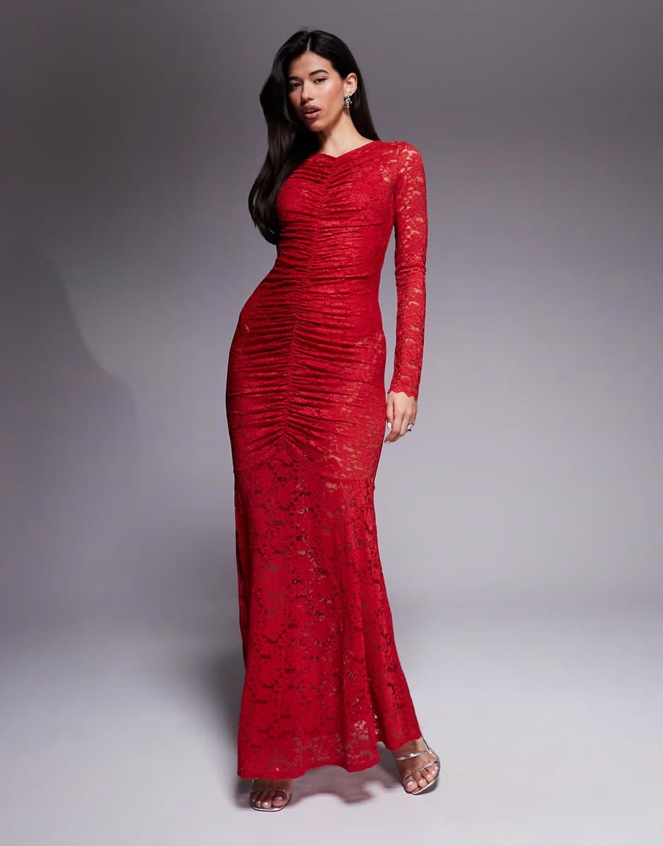 ASOS AFRM lace ruched long sleeve maxi dress with inbuilt body suit in poppy red