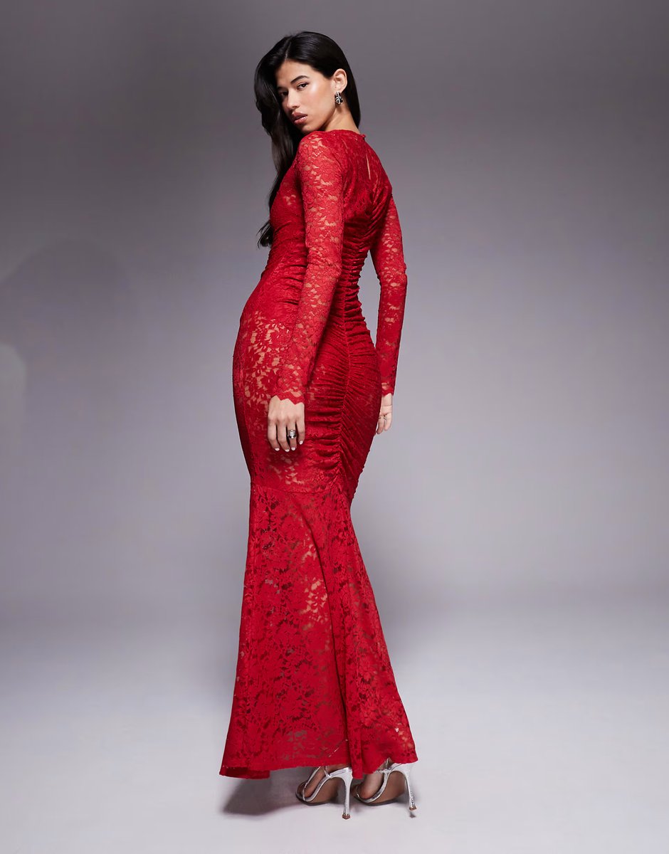 ASOS AFRM lace ruched long sleeve maxi dress with inbuilt body suit in poppy red - 3