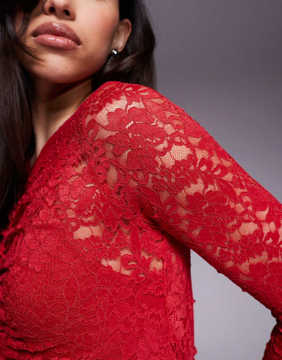 ASOS AFRM lace ruched long sleeve maxi dress with inbuilt body suit in poppy red - 4