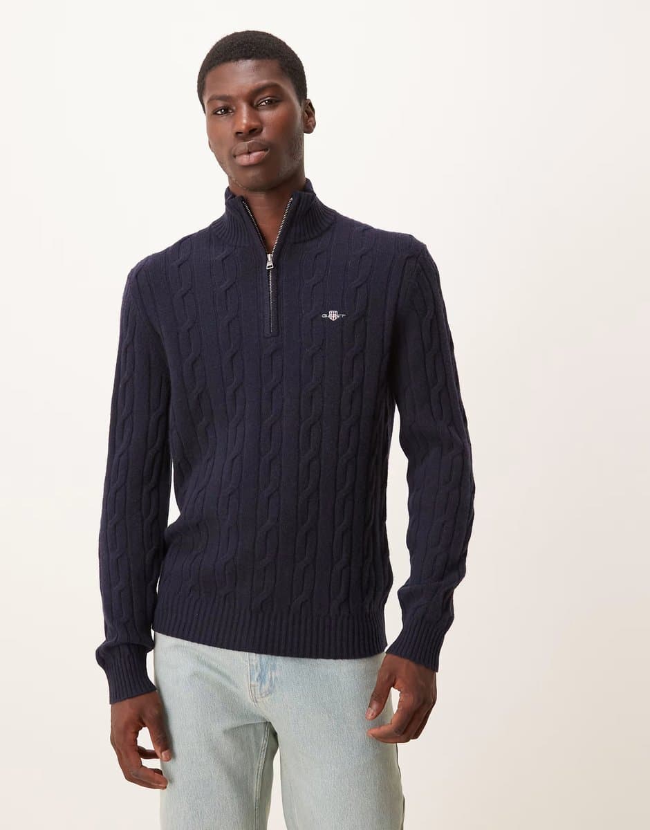 ASOS GANT lambswool cable knit half zip jumper in navy