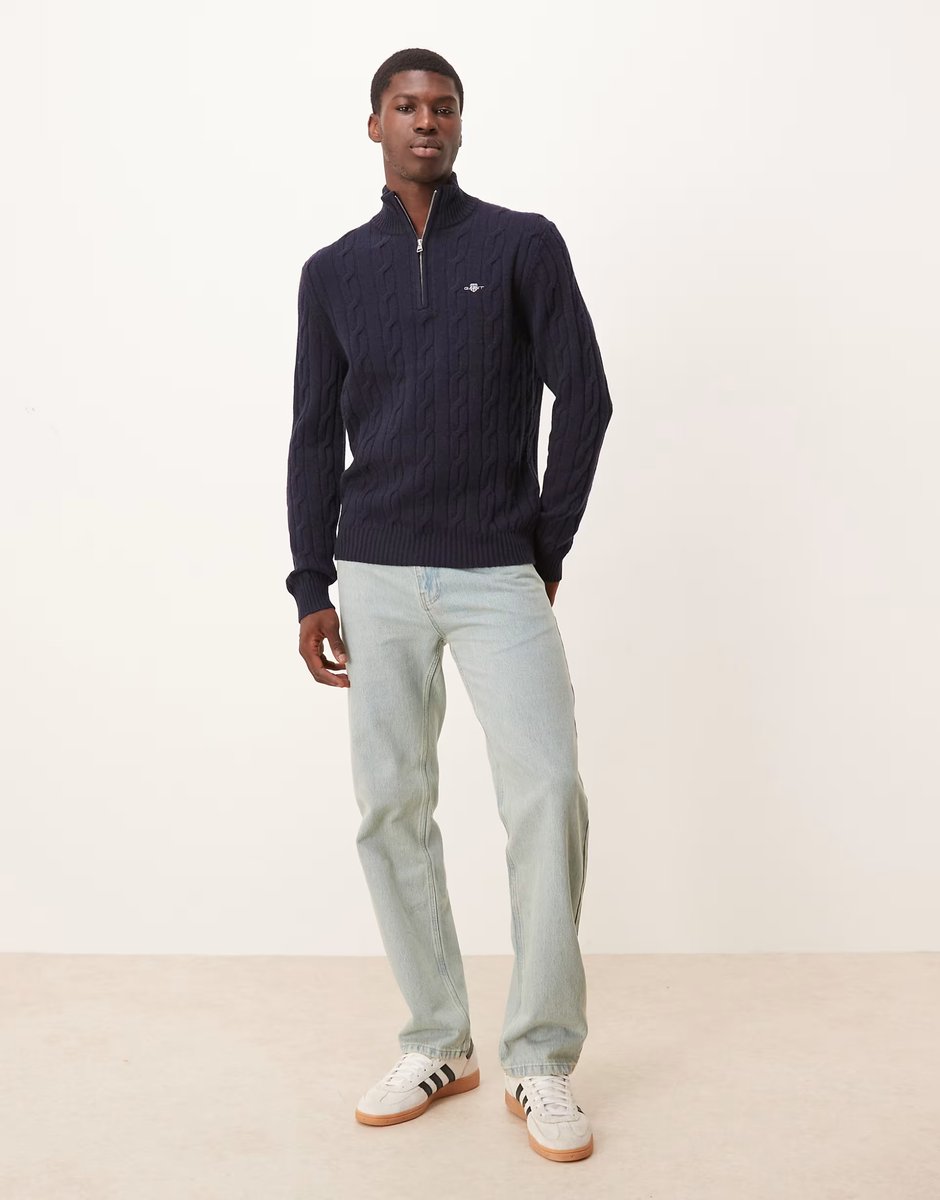 ASOS GANT lambswool cable knit half zip jumper in navy - 2