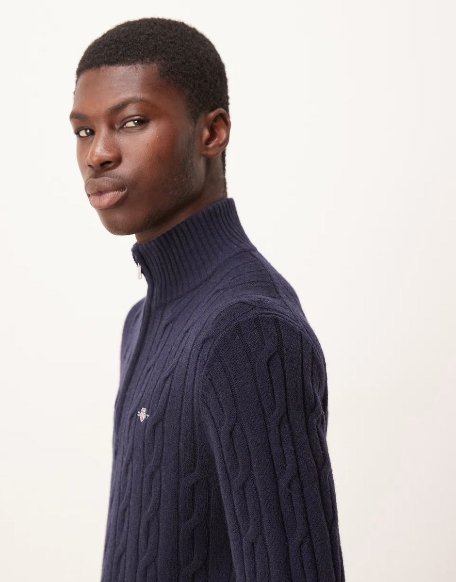 ASOS GANT lambswool cable knit half zip jumper in navy - 4