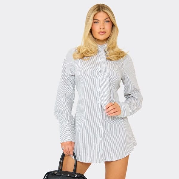 EGO Long Sleeve Tie Detail Shirt Dress In Black Pinstripe, Women's Size UK 6 - 1