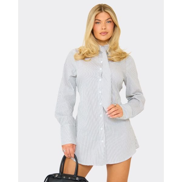 EGO Long Sleeve Tie Detail Shirt Dress In Black Pinstripe, Women's Size UK 6 - 2