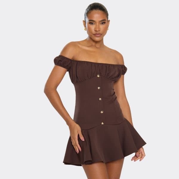 EGO Bardot Button Detail Skater Mini Dress In Chocolate Brown, Women's Size UK 6