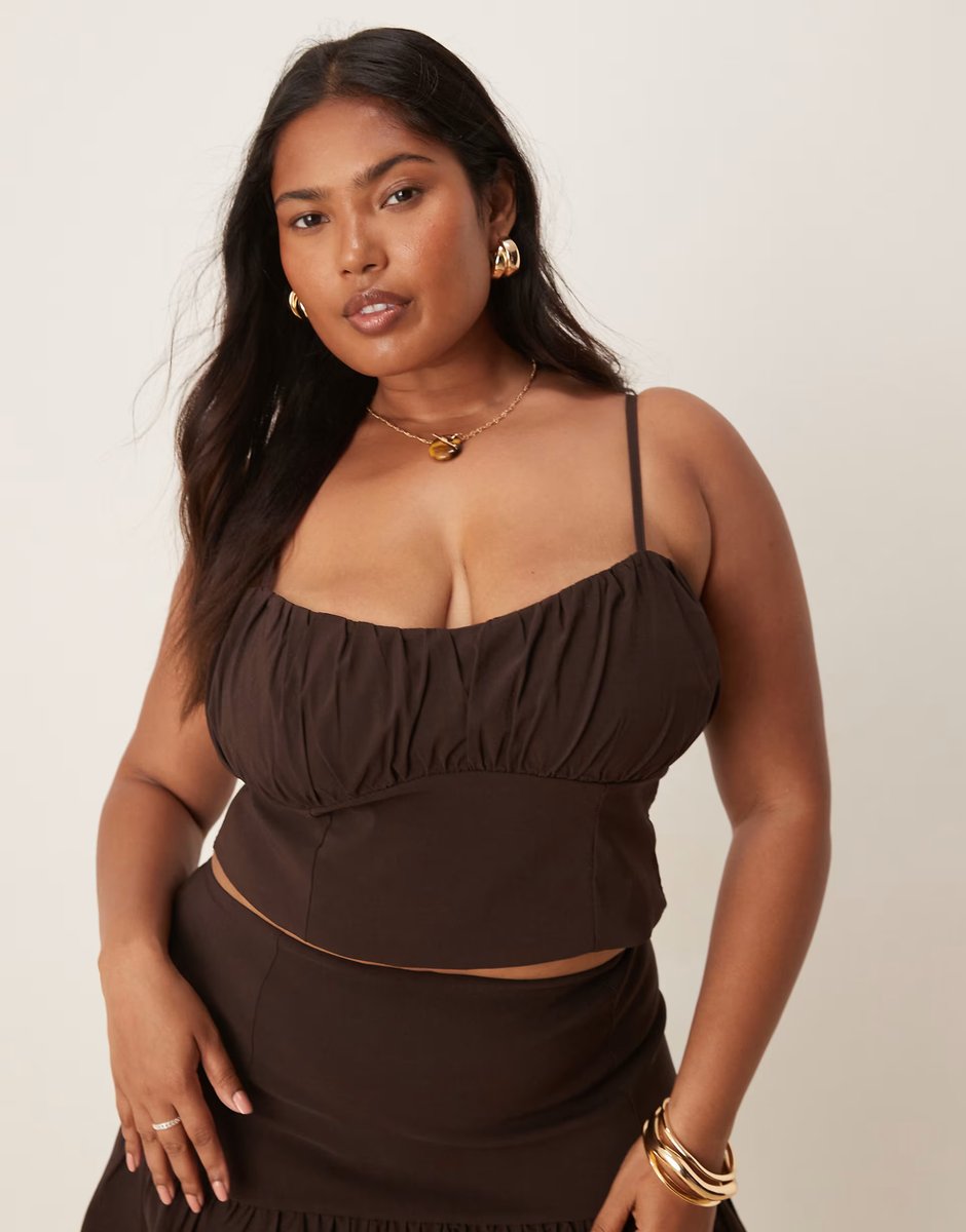 ASOS ASOS DESIGN Curve co-ord bengaline corset cami top with ruched bust detail in chocolate - 1