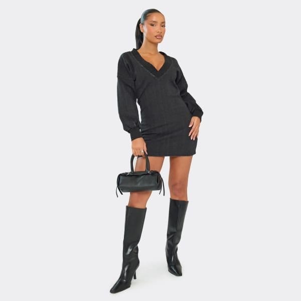 EGO Long Sleeve V Neck Cinched Waist Sweatshirt Dress In Black, Women's Size UK 6 - 1