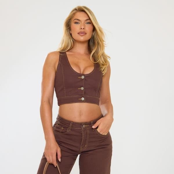 EGO V Neck Button Down Seam Detail Crop Top In Brown Denim, Women's Size UK 4